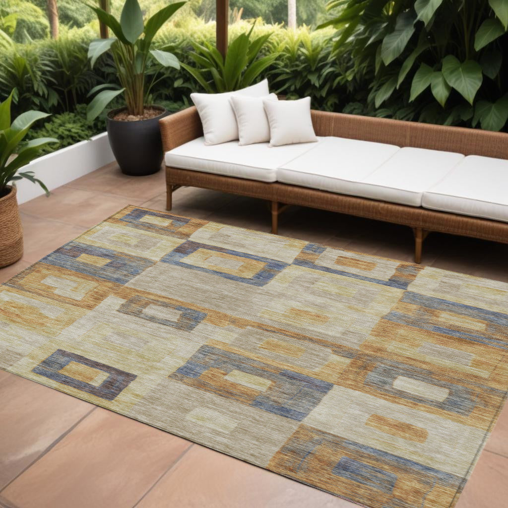 8 X 10 Linen Blue And Copper Geometric Washable Indoor Outdoor Area Rug