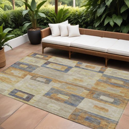 10 X 14 Linen Blue And Copper Geometric Washable Indoor Outdoor Area Rug