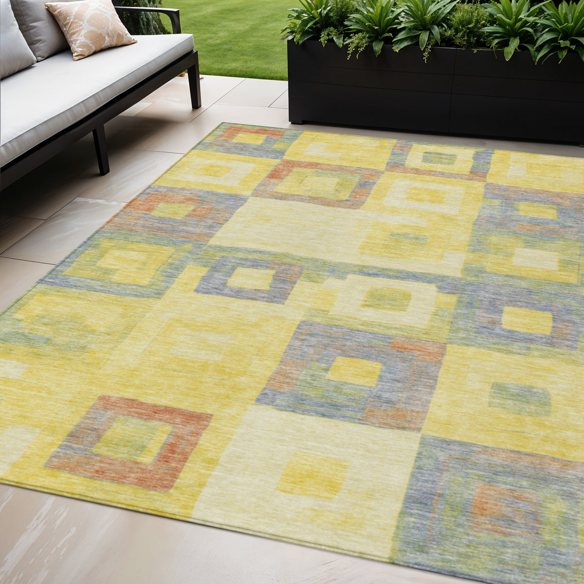 5 X 8 Yellow Blue And Terra Cotta Geometric Washable Indoor Outdoor Area Rug