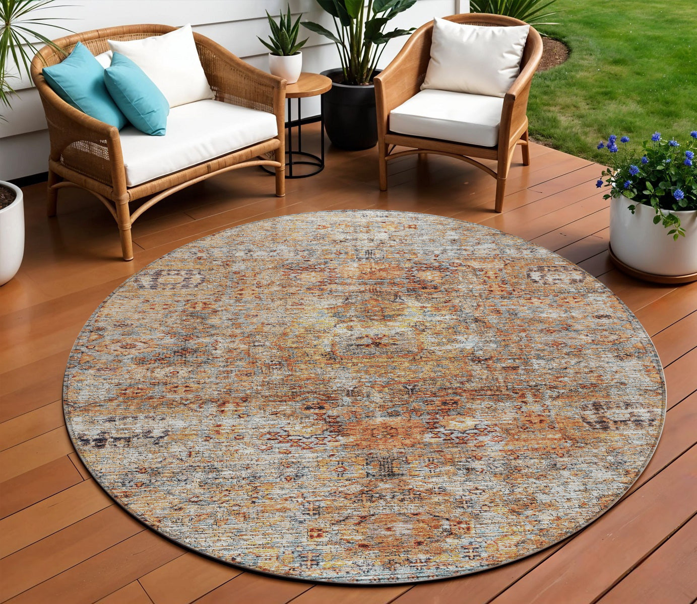 8 Coral Terra Cotta And Beige Round Floral Washable Indoor Outdoor Area Rug