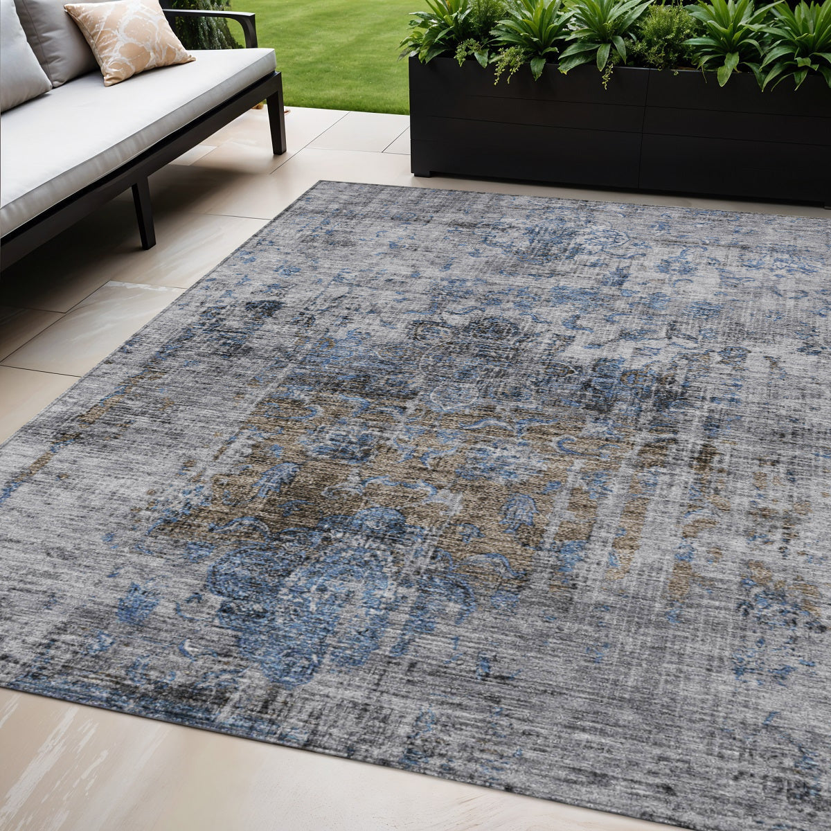 5 X 8 Blue And Gray Floral Washable Indoor Outdoor Area Rug
