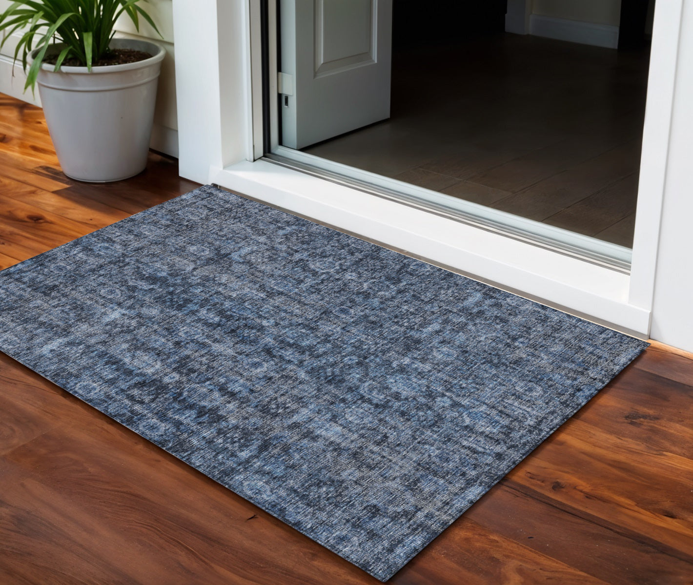 3 X 5 Blue And Black Damask Washable Indoor Outdoor Area Rug