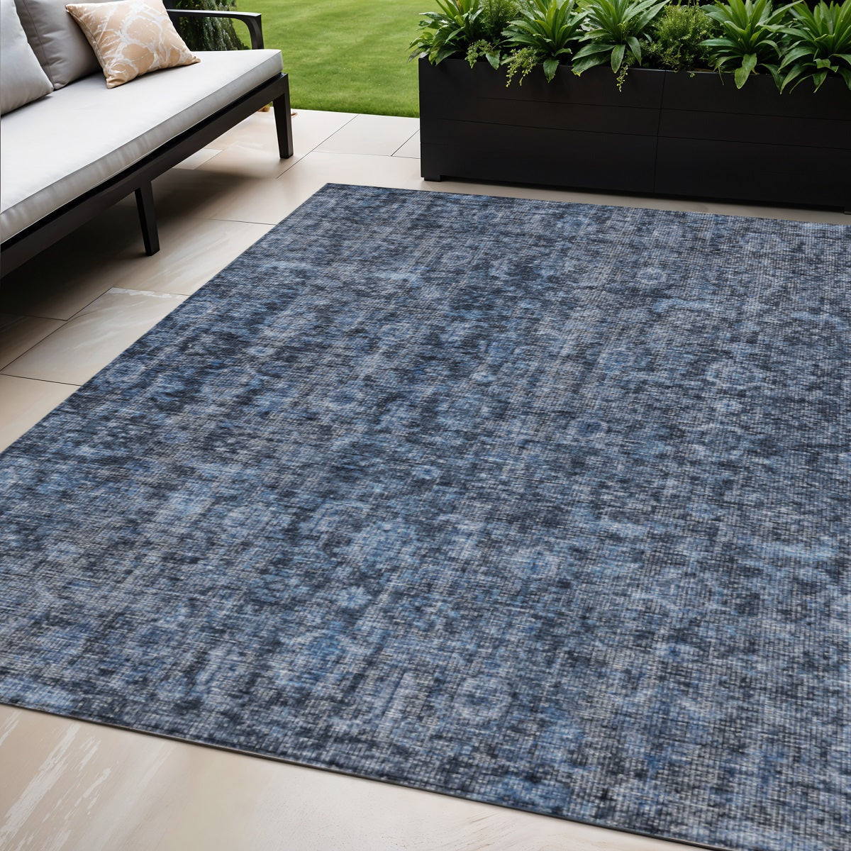 5 X 8 Blue And Black Damask Washable Indoor Outdoor Area Rug