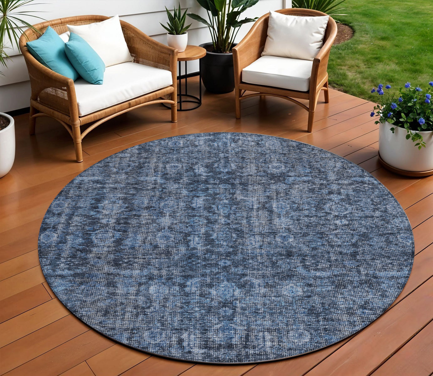 8 Blue And Black Round Damask Washable Indoor Outdoor Area Rug
