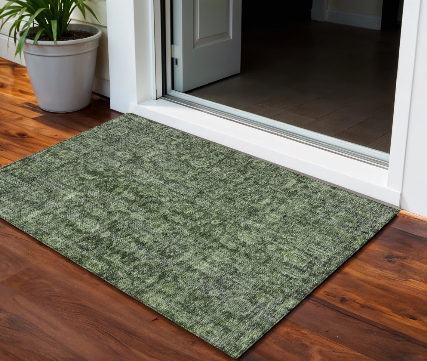 3 X 5 Artichoke Green And Black Damask Washable Indoor Outdoor Area Rug