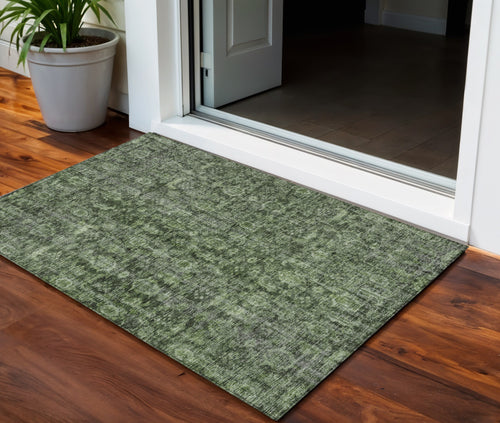 3 X 5 Artichoke Green And Black Damask Washable Indoor Outdoor Area Rug