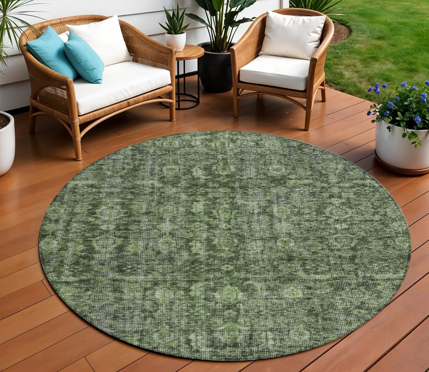 8 Artichoke Green And Black Round Damask Washable Indoor Outdoor Area Rug