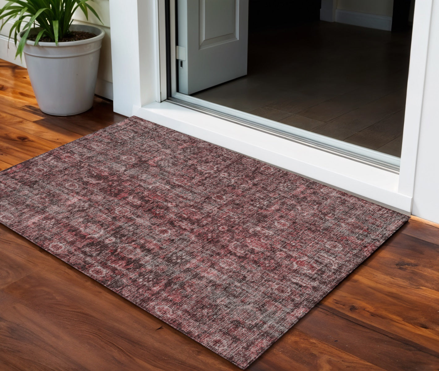 3 X 5 Pink And Brick Red Damask Washable Indoor Outdoor Area Rug