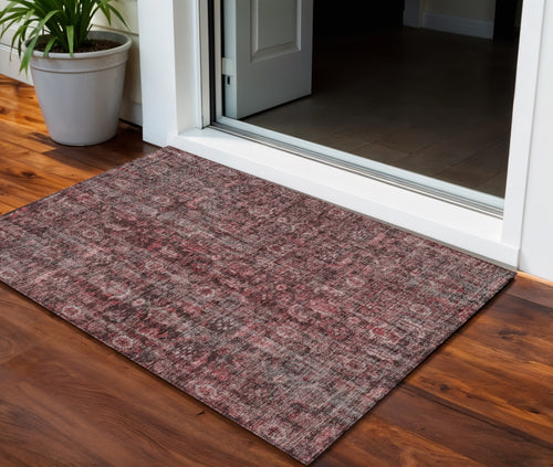 3 X 5 Pink And Brick Red Damask Washable Indoor Outdoor Area Rug