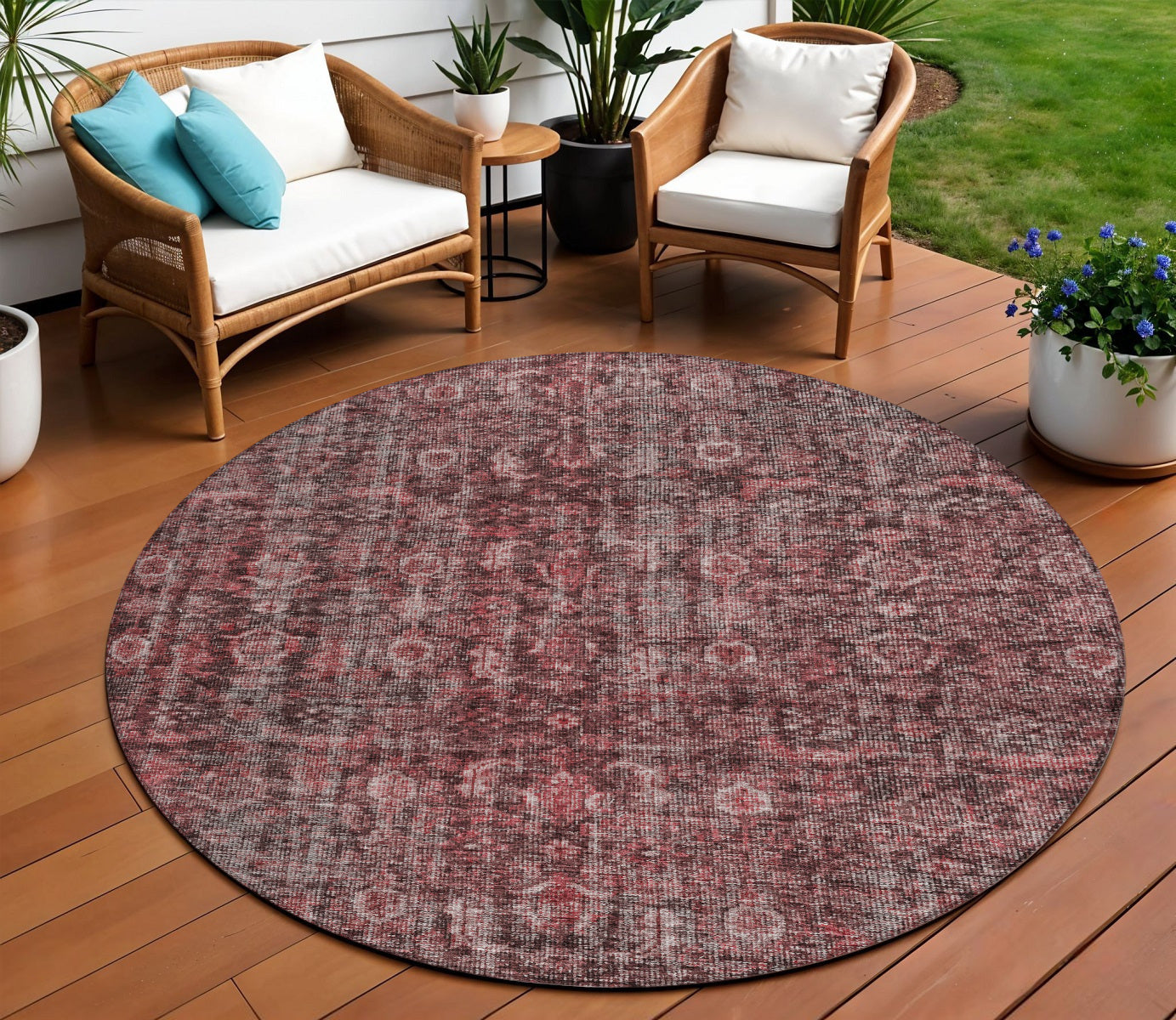 8 Pink And Brick Red Round Damask Washable Indoor Outdoor Area Rug