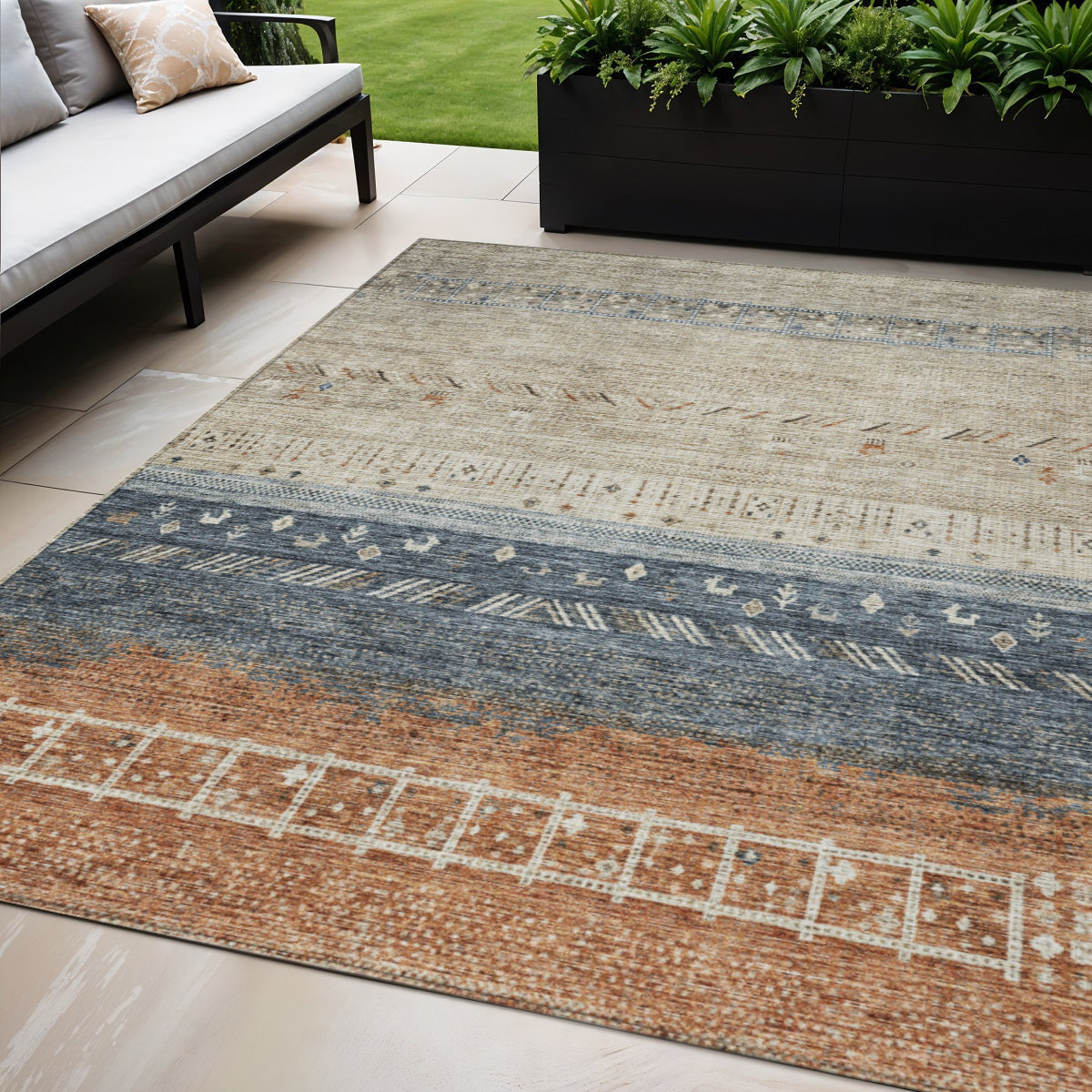 5 X 8 Brown Blue And Beige Southwestern Washable Indoor Outdoor Area Rug