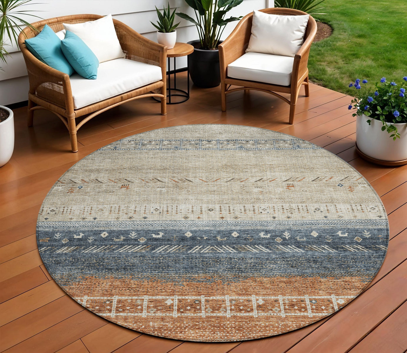 8 Brown Blue And Beige Round Southwestern Washable Indoor Outdoor Area Rug