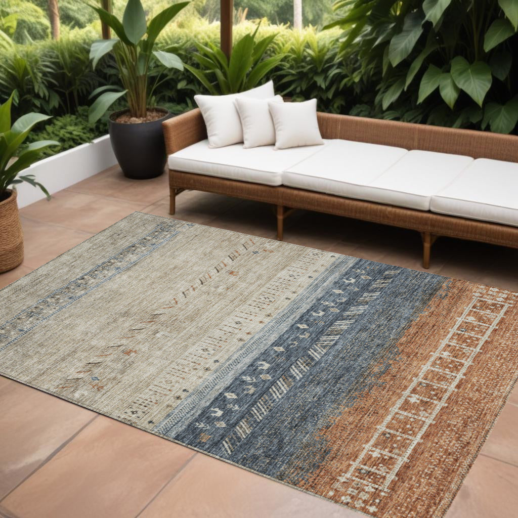 10 X 14 Brown Blue And Beige Southwestern Washable Indoor Outdoor Area Rug