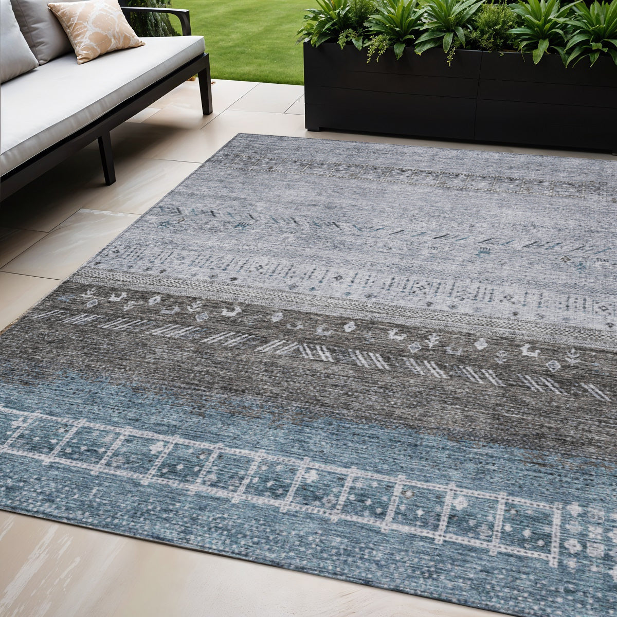 5 X 8 Blue Gray And Charcoal Southwestern Washable Indoor Outdoor Area Rug