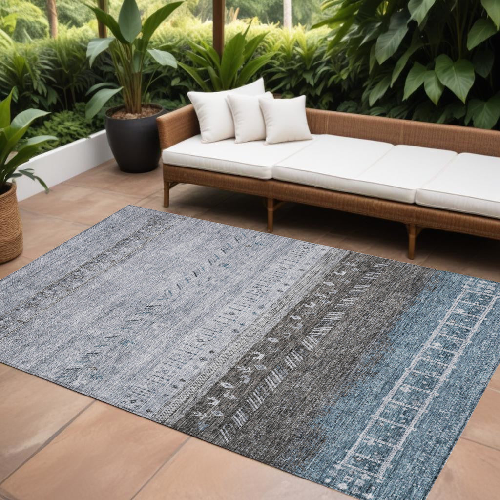 10 X 14 Blue Gray And Charcoal Southwestern Washable Indoor Outdoor Area Rug