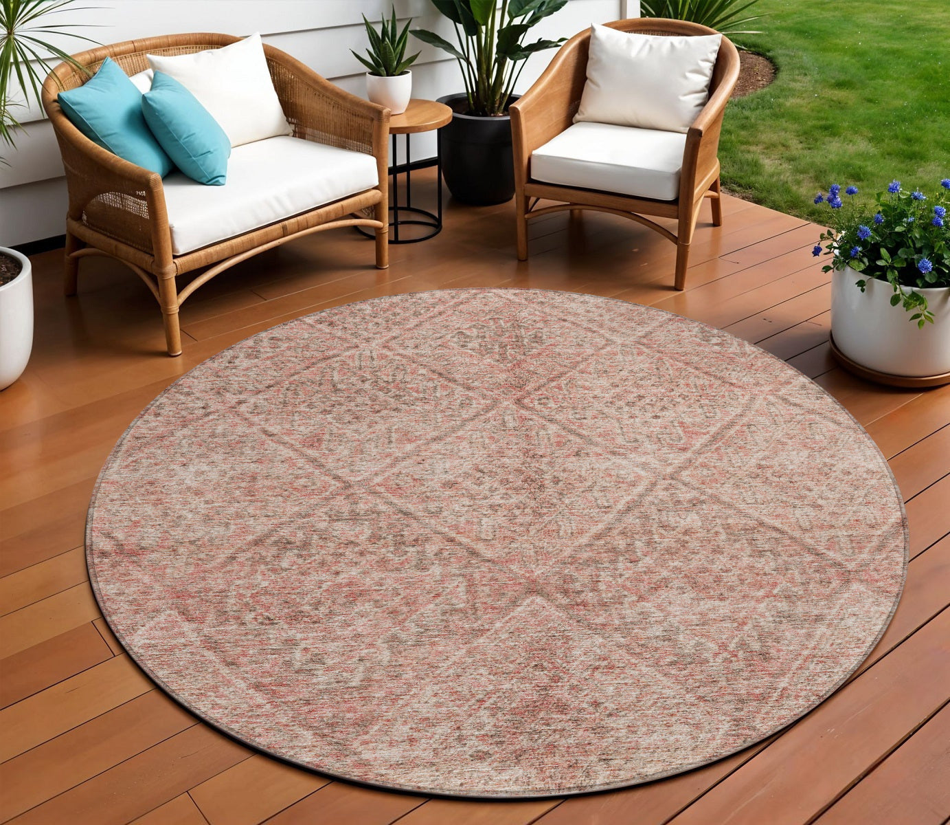 8 Pink And Brown Round Moroccan Washable Indoor Outdoor Area Rug