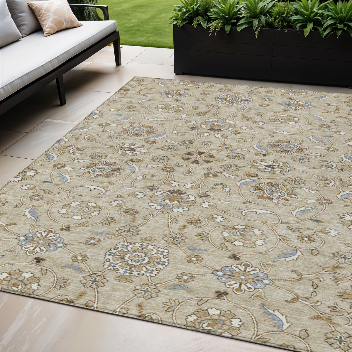 5 X 8 Beige Blue And Brown Moroccan Washable Indoor Outdoor Area Rug