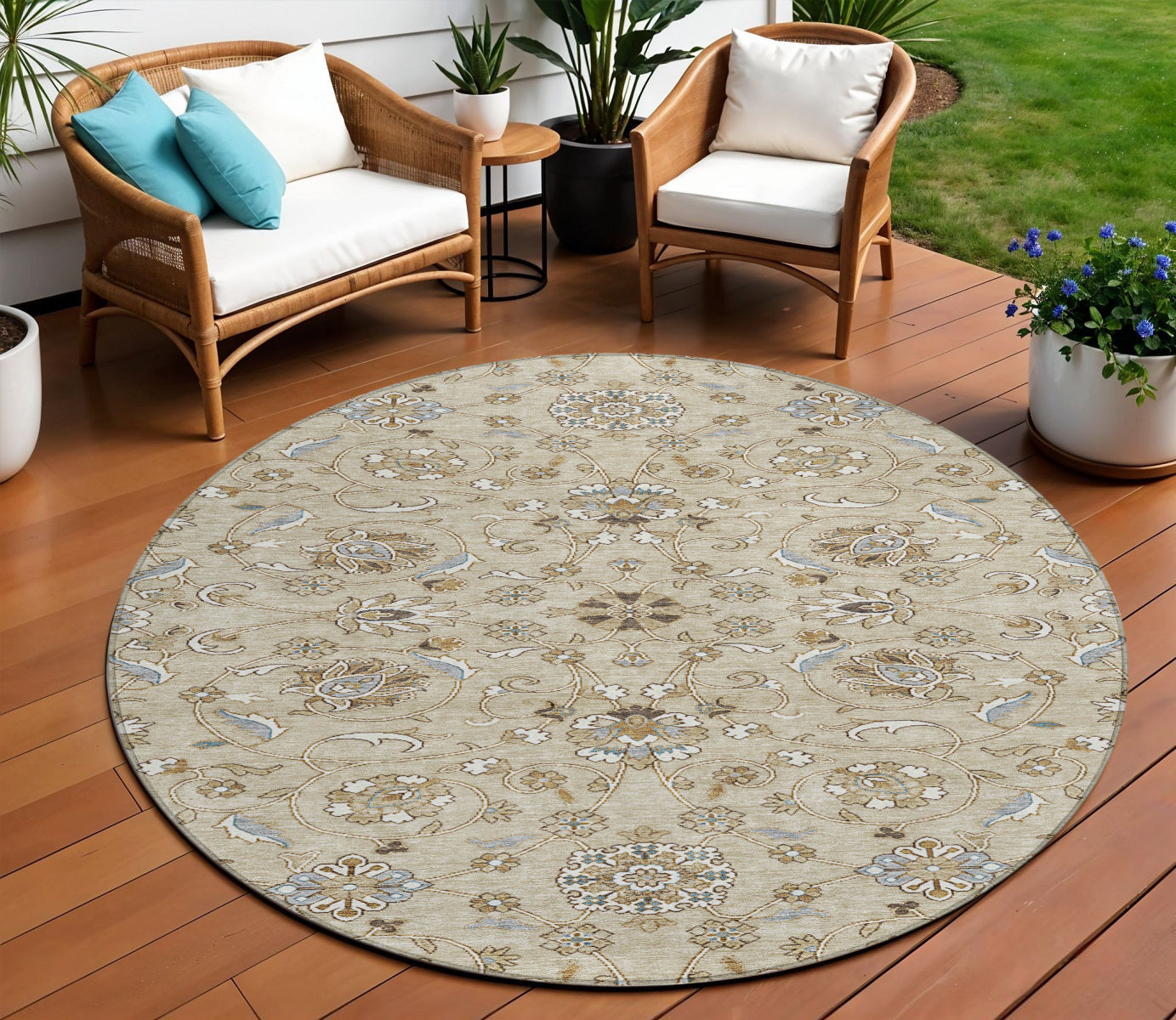 8 Beige Blue And Brown Round Moroccan Washable Indoor Outdoor Area Rug