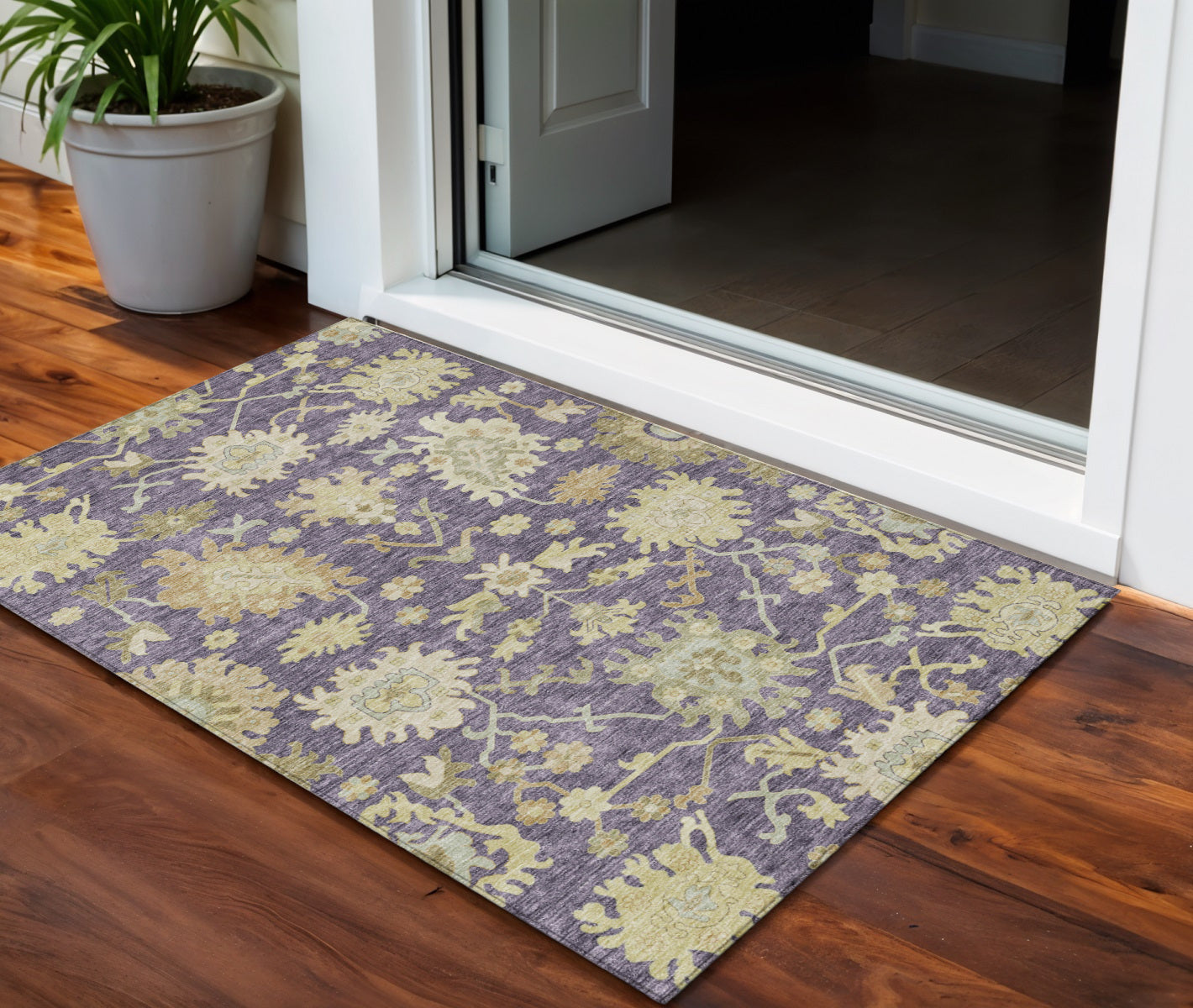 3 X 5 Eggplant Beige And Green Floral Washable Indoor Outdoor Area Rug