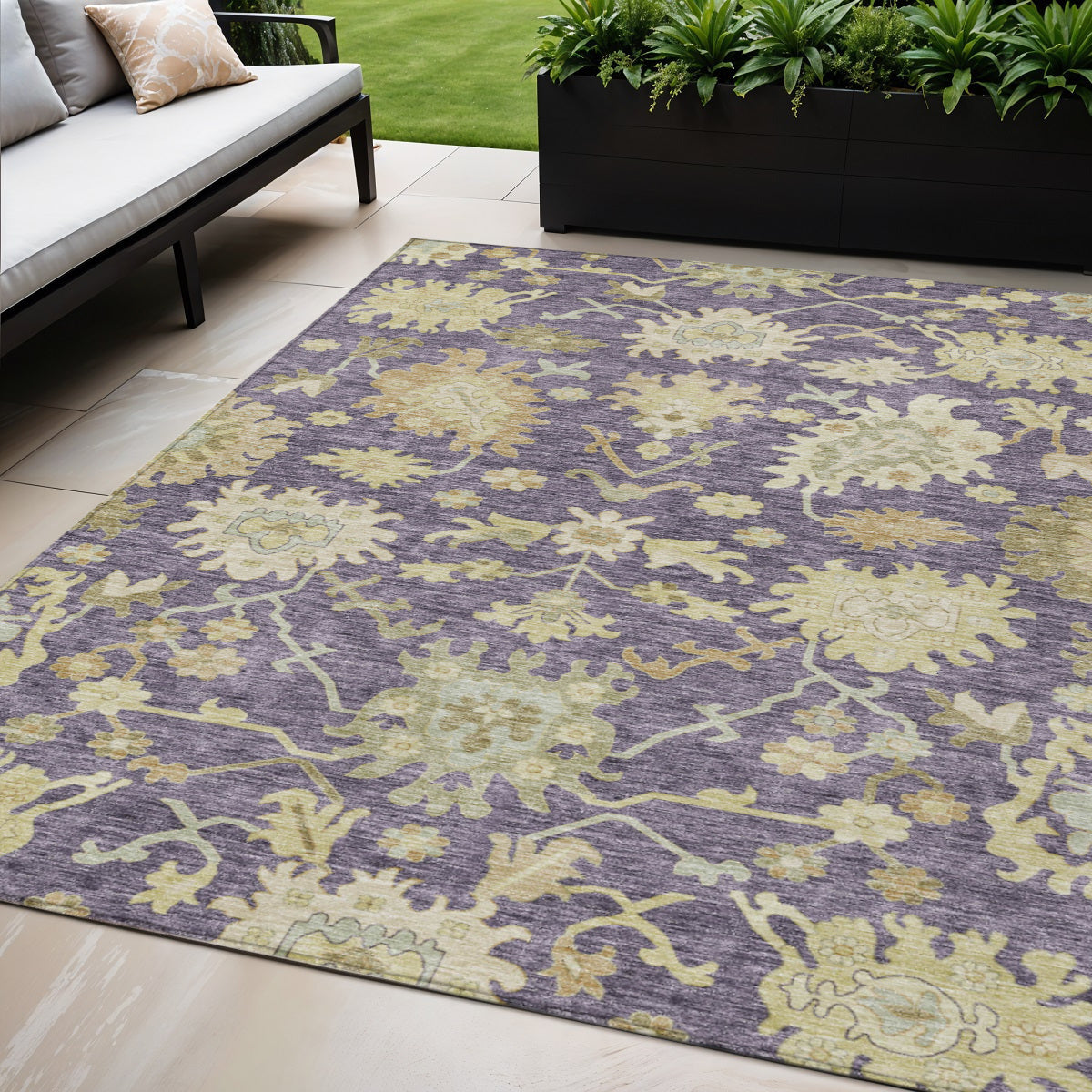 5 X 8 Eggplant Beige And Green Floral Washable Indoor Outdoor Area Rug
