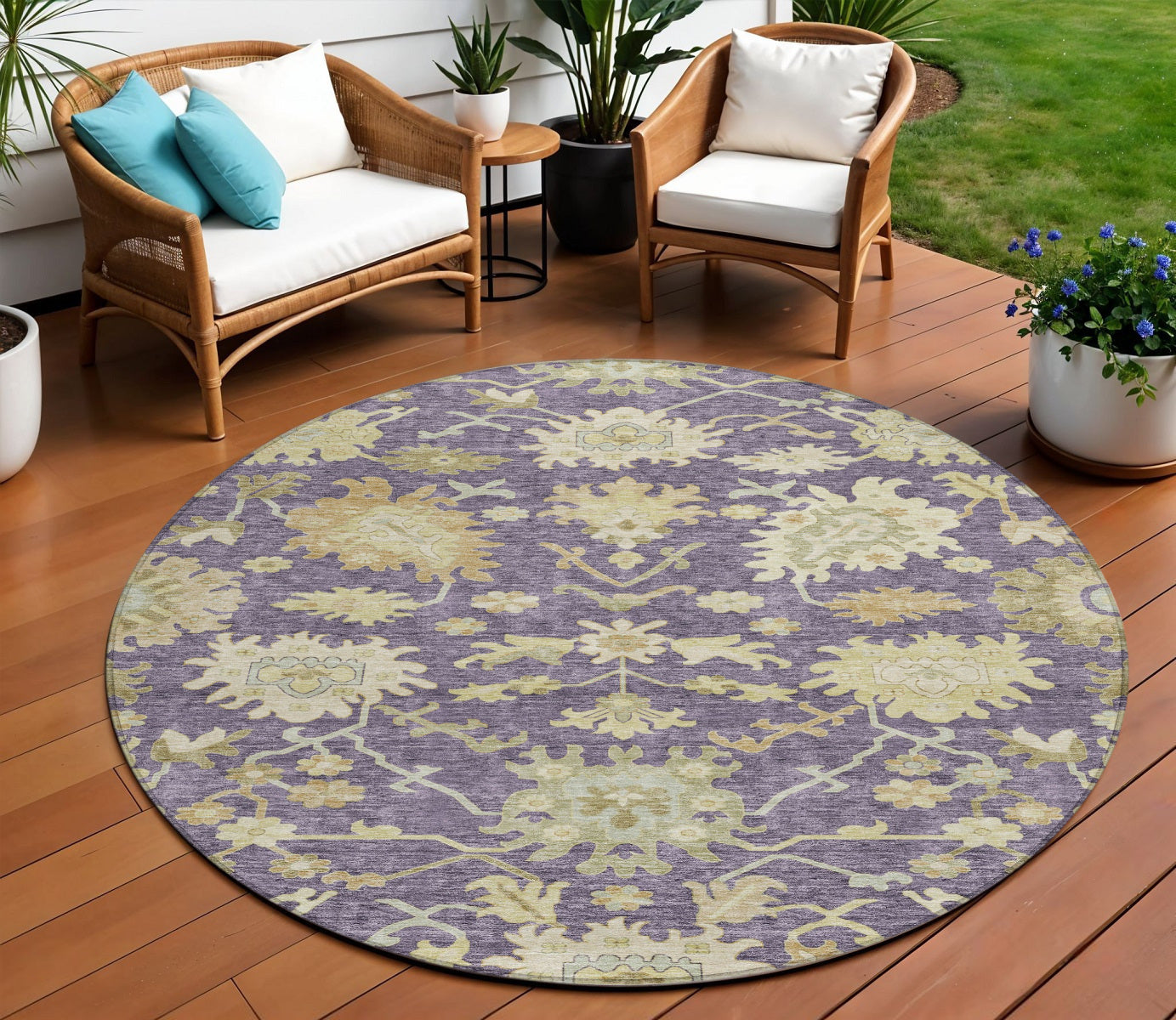 8 Eggplant Beige And Green Round Floral Washable Indoor Outdoor Area Rug