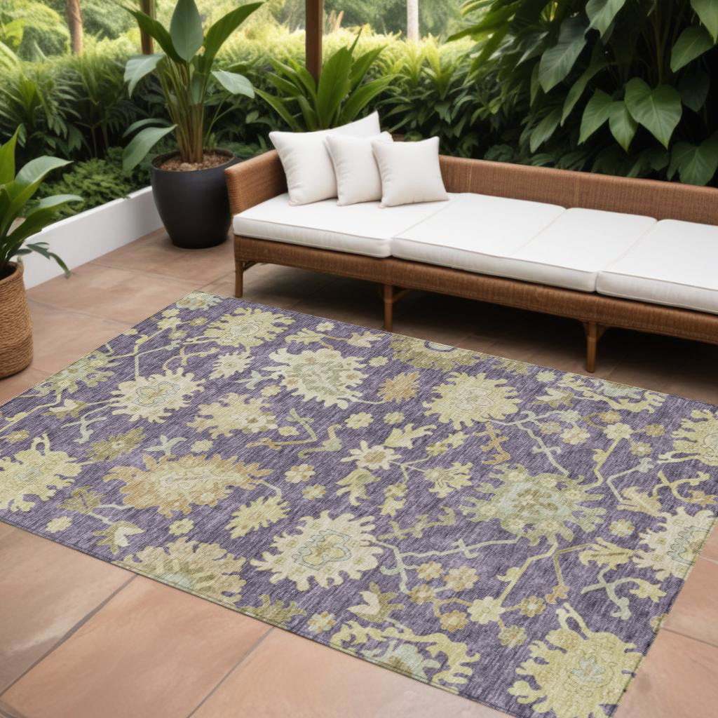 10 X 14 Eggplant Beige And Green Floral Washable Indoor Outdoor Area Rug