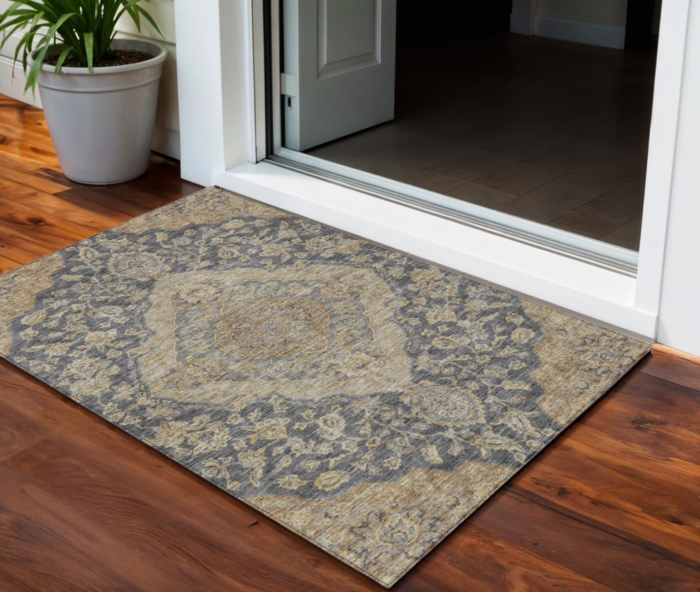 3 X 5 Charcoal Gray And Brown Oriental Washable Indoor Outdoor Area Rug