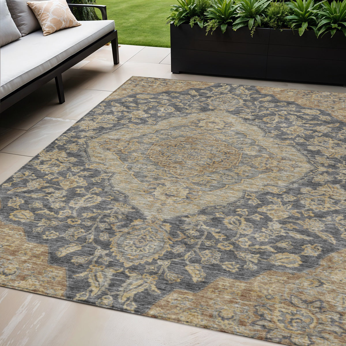 5 X 8 Charcoal Gray And Brown Oriental Washable Indoor Outdoor Area Rug