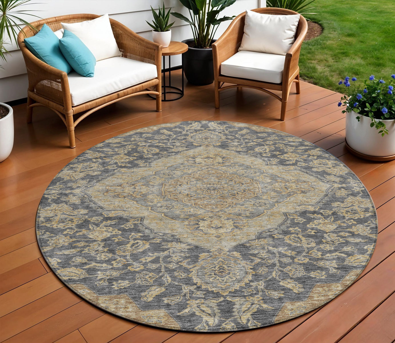 8 Charcoal Gray And Brown Round Oriental Washable Indoor Outdoor Area Rug