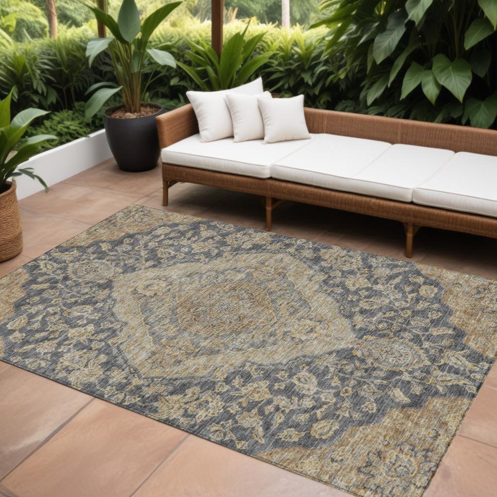 8 X 10 Charcoal Gray And Brown Oriental Washable Indoor Outdoor Area Rug