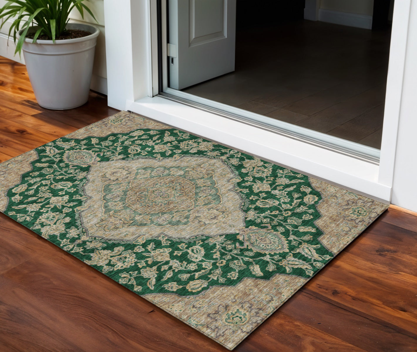 3 X 5 Emerald Beige And Brown Oriental Washable Indoor Outdoor Area Rug