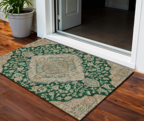 3 X 5 Emerald Beige And Brown Oriental Washable Indoor Outdoor Area Rug
