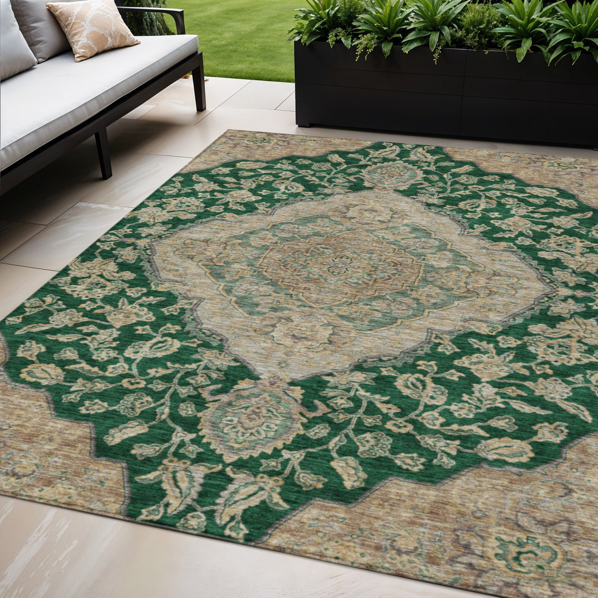 5 X 8 Emerald Beige And Brown Oriental Washable Indoor Outdoor Area Rug