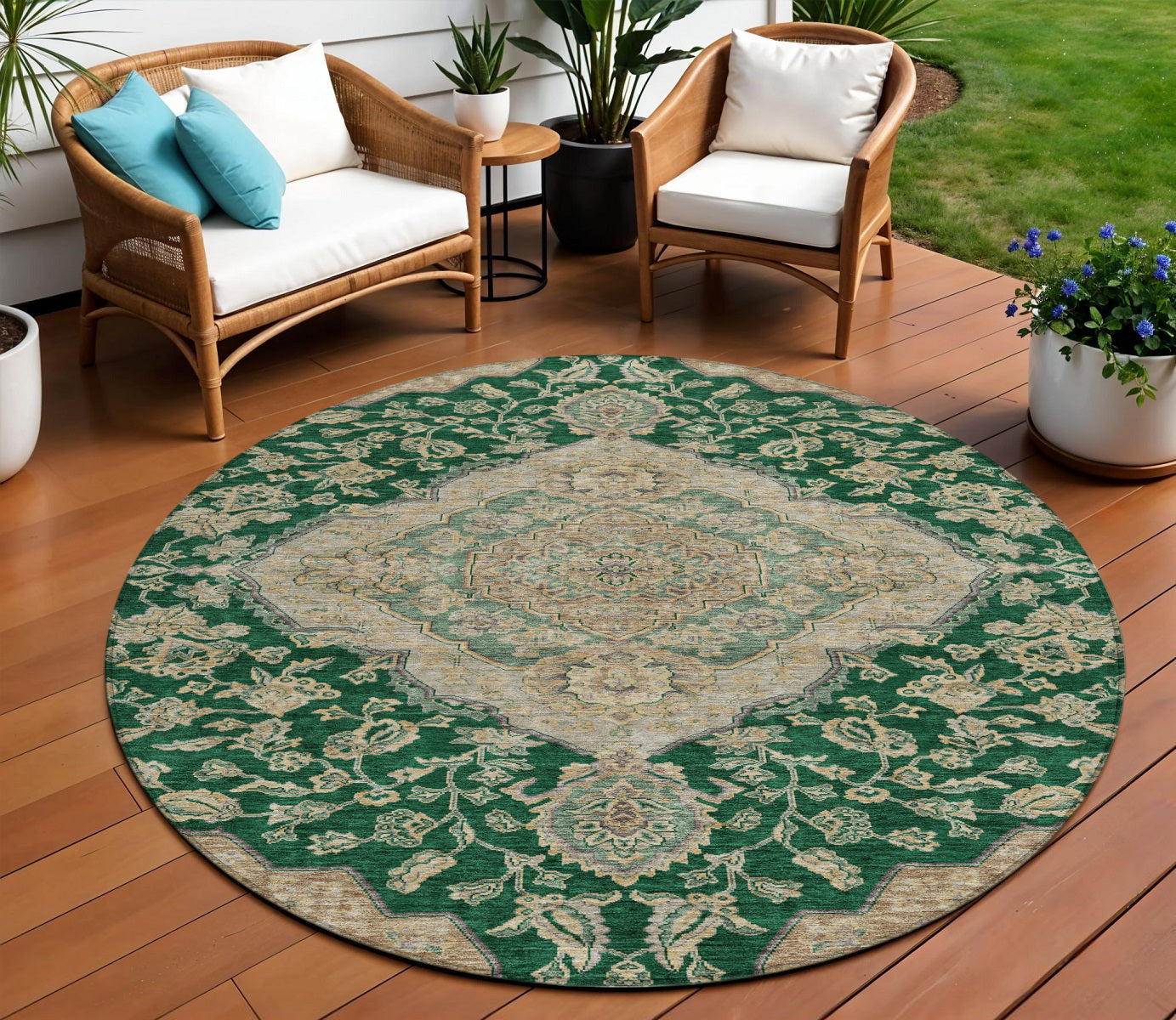 8 Emerald Beige And Brown Round Oriental Washable Indoor Outdoor Area Rug