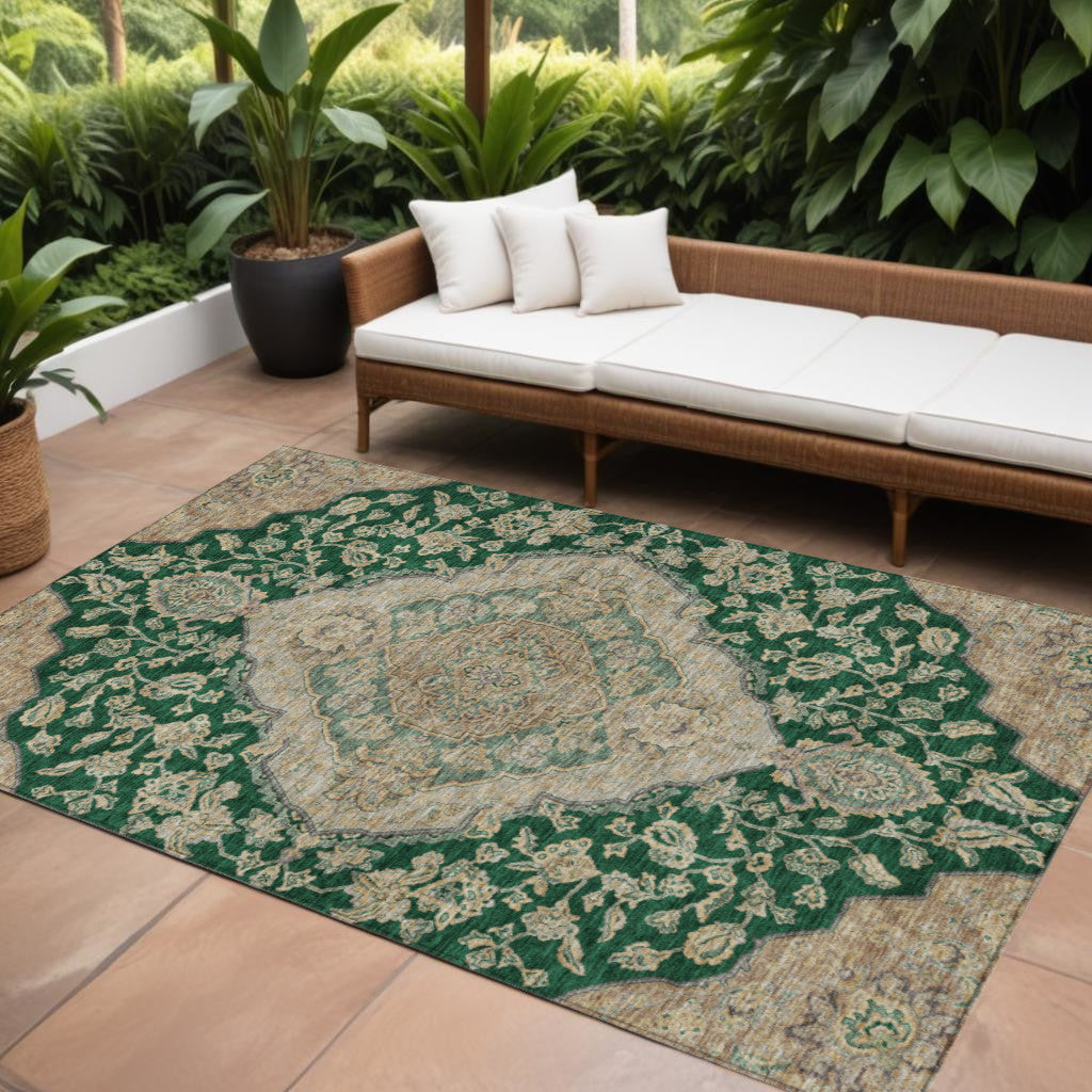 9 X 12 Emerald Beige And Brown Oriental Washable Indoor Outdoor Area Rug