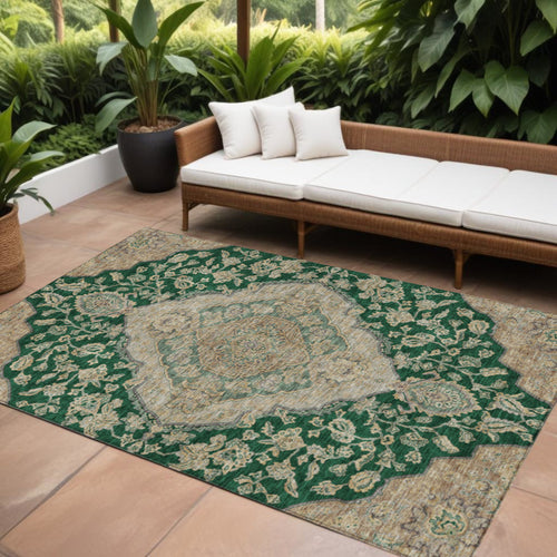 10 X 14 Emerald Beige And Brown Oriental Washable Indoor Outdoor Area Rug