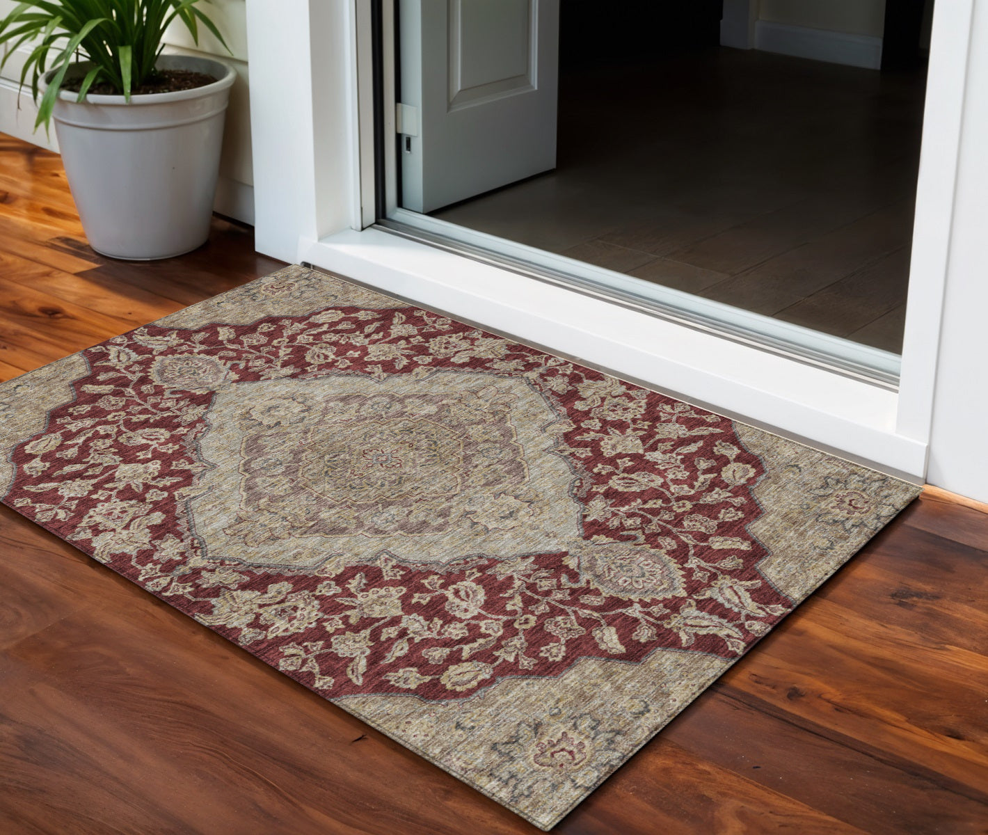 3 X 5 Red Beige And Brown Oriental Washable Indoor Outdoor Area Rug
