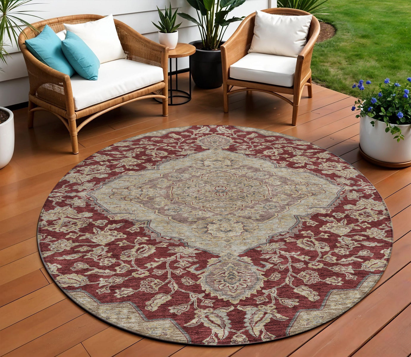 8 Red Beige And Brown Round Oriental Washable Indoor Outdoor Area Rug