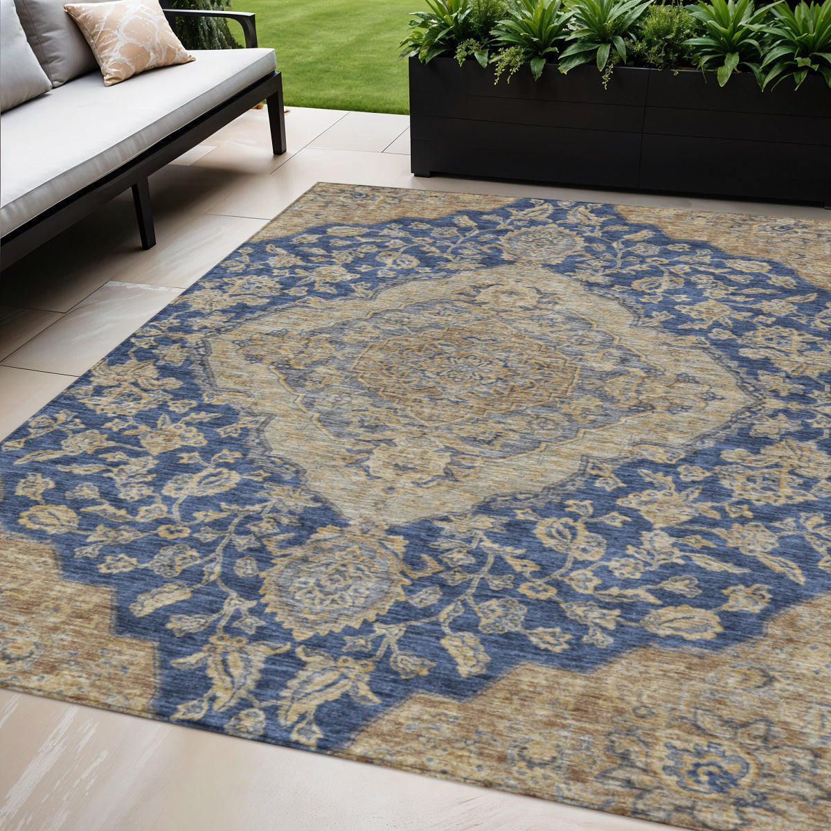 5 X 8 Navy Blue Beige And Brown Oriental Washable Indoor Outdoor Area Rug