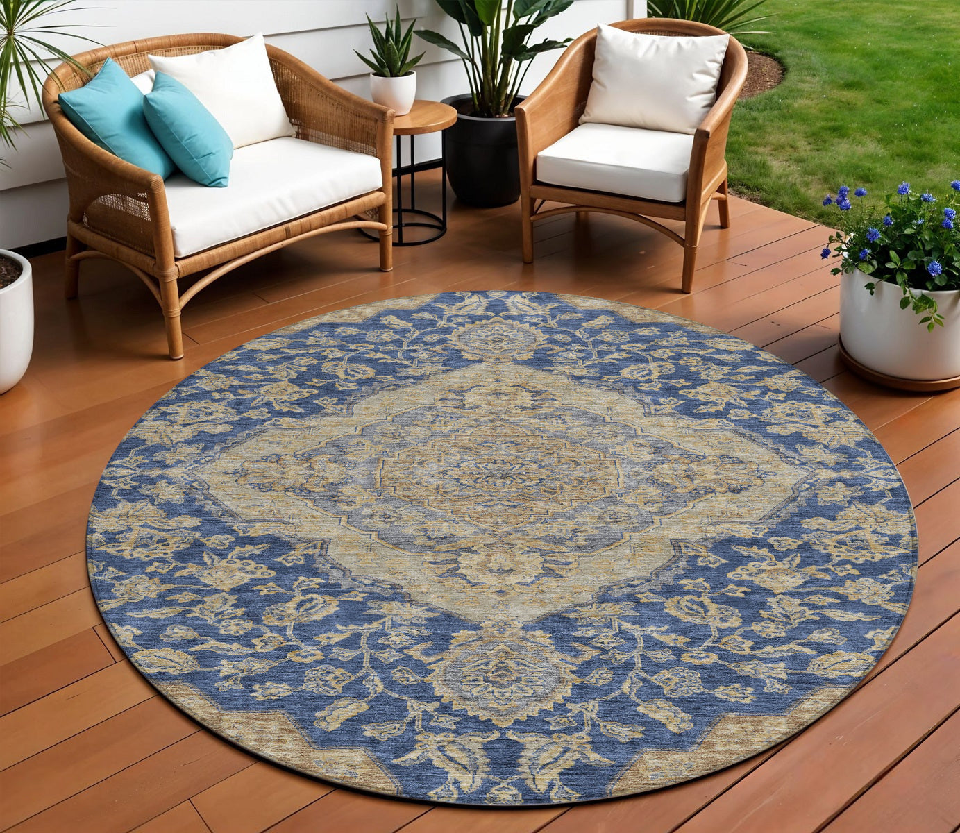 8 Navy Blue Beige And Brown Round Oriental Washable Indoor Outdoor Area Rug