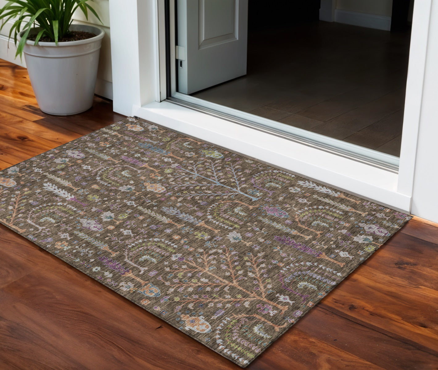 3 X 5 Brown Purple And Blue Floral Washable Indoor Outdoor Area Rug