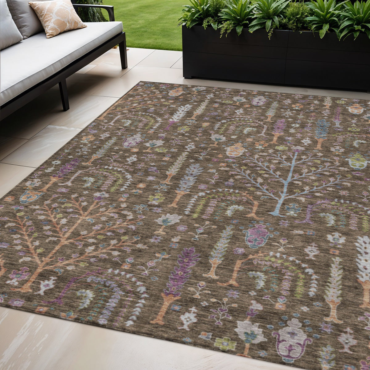 5 X 8 Brown Purple And Blue Floral Washable Indoor Outdoor Area Rug