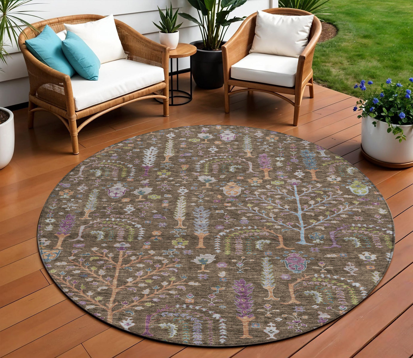 8 Brown Purple And Blue Round Floral Washable Indoor Outdoor Area Rug