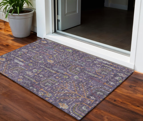 3 X 5 Eggplant Terra Cotta And Green Floral Washable Indoor Outdoor Area Rug