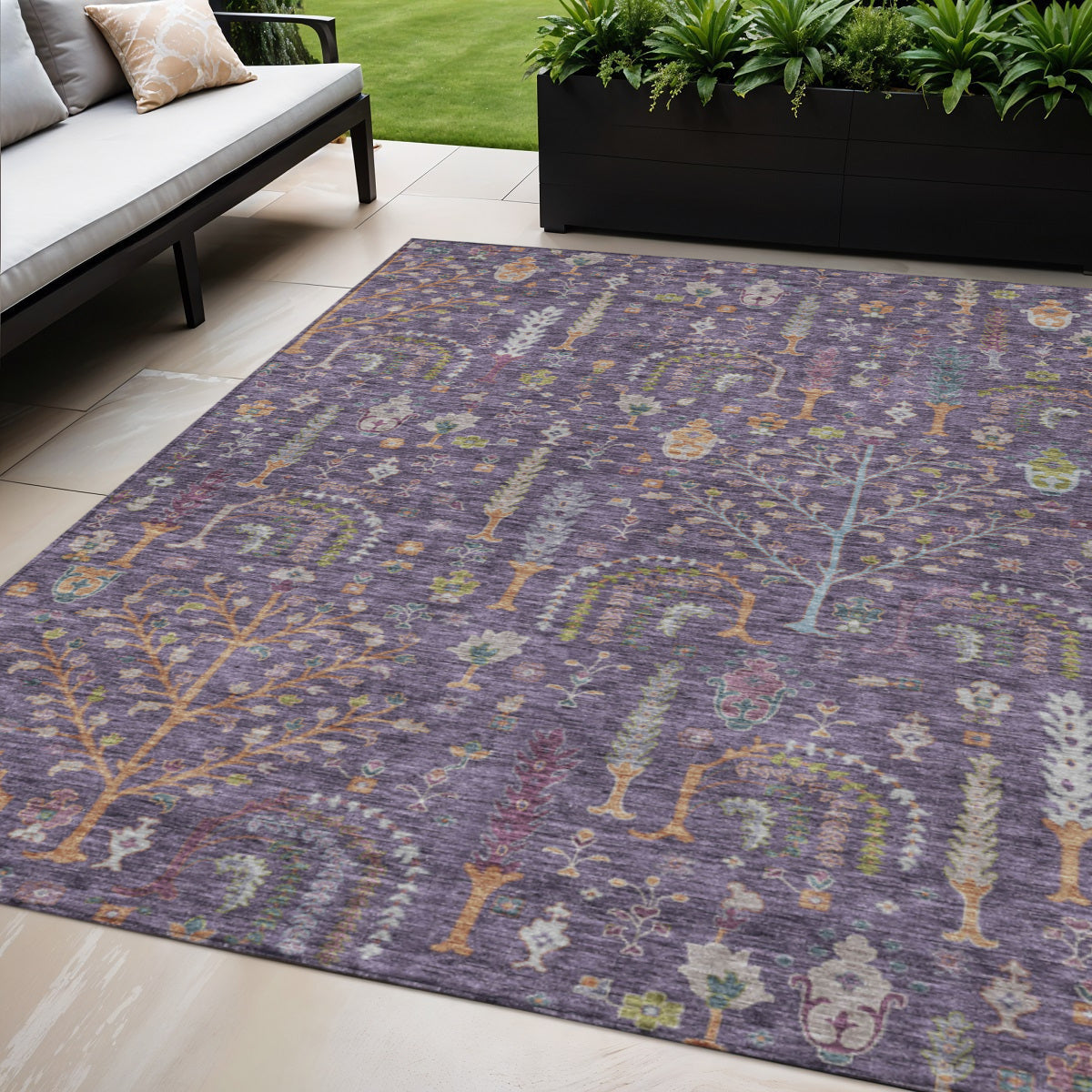 5 X 8 Eggplant Terra Cotta And Green Floral Washable Indoor Outdoor Area Rug