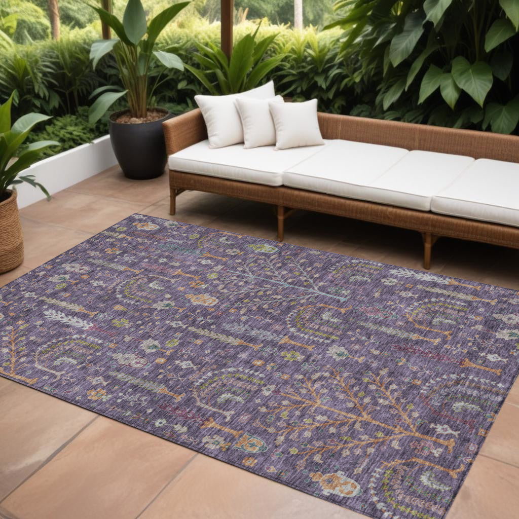 10 X 14 Eggplant Terra Cotta And Green Floral Washable Indoor Outdoor Area Rug