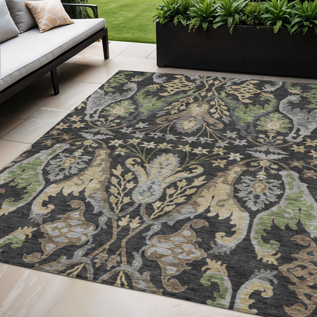 5 X 8 Black Green And Brown Floral Washable Indoor Outdoor Area Rug