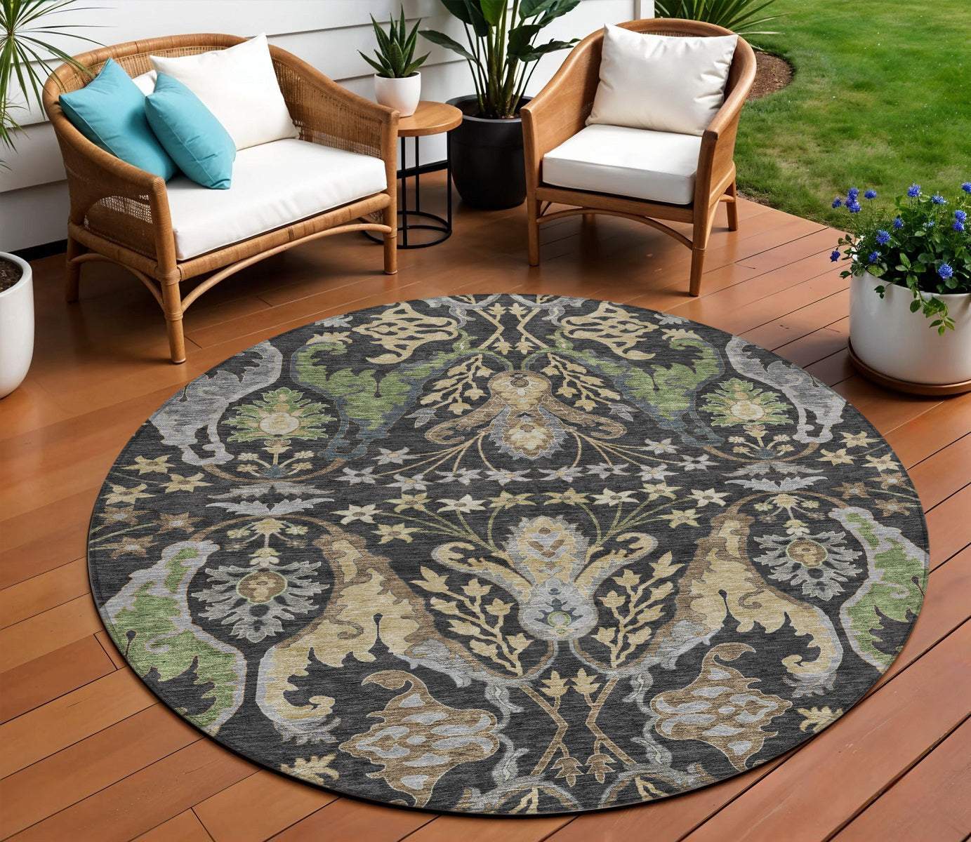 8 Black Green And Brown Round Floral Washable Indoor Outdoor Area Rug