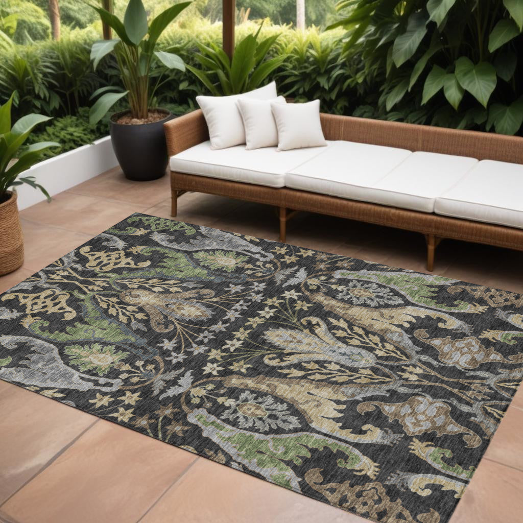 10 X 14 Black Green And Brown Floral Washable Indoor Outdoor Area Rug