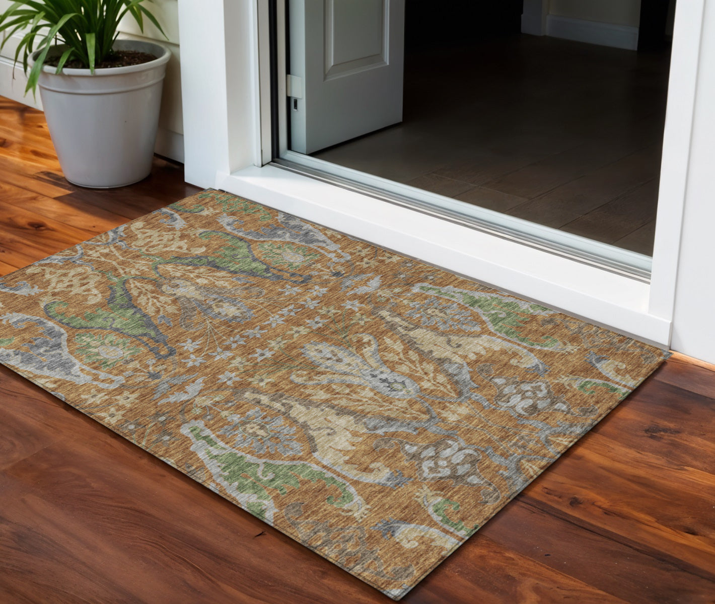3 X 5 Copper Green And Beige Floral Washable Indoor Outdoor Area Rug